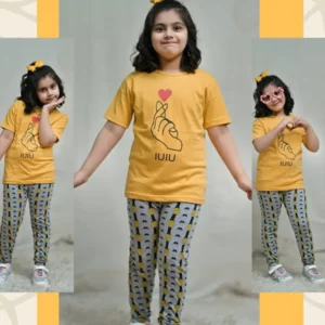 Yellow Hand Printed Night Suit for Kids