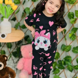 Black Kitty With Pink Hearts Printed Kids Wear