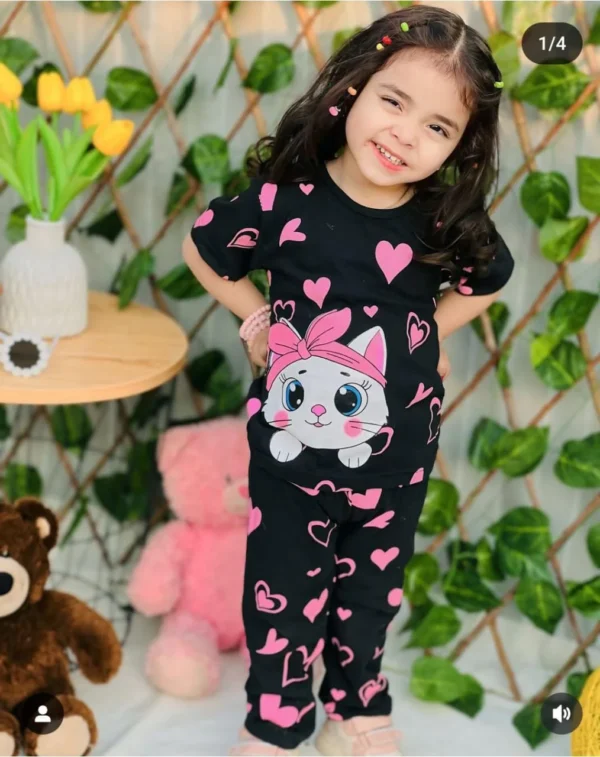 Black Kitty With Pink Hearts Printed Kids Wear