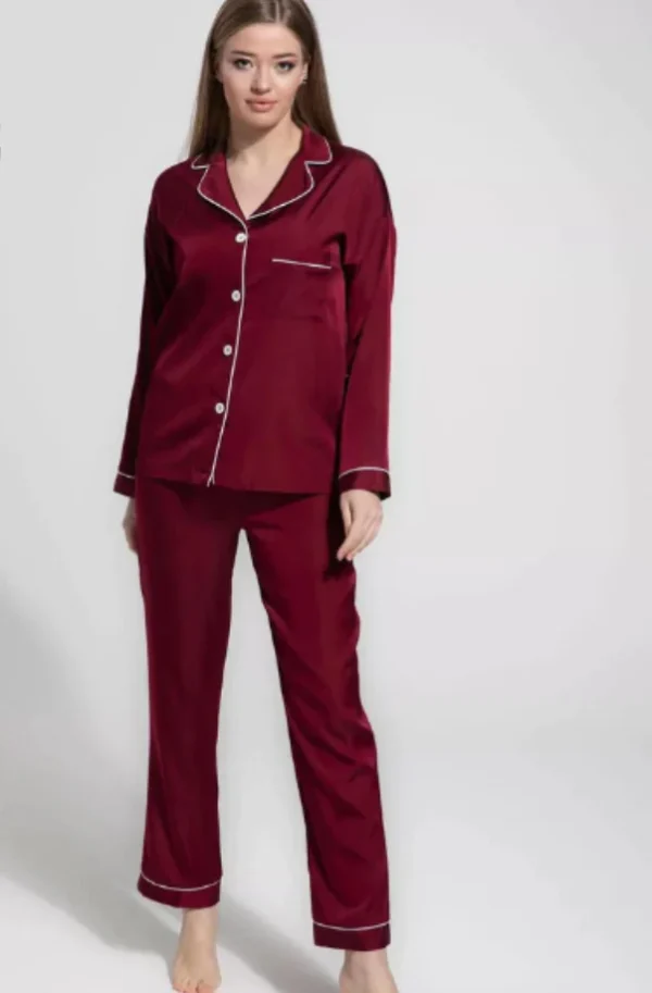 Silky Maroon Silk Night Suit Turn Down Collar Long Sleeves