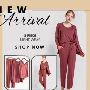 Brown Long Sleeve Women Night Suit PJ Set 3 Pieces