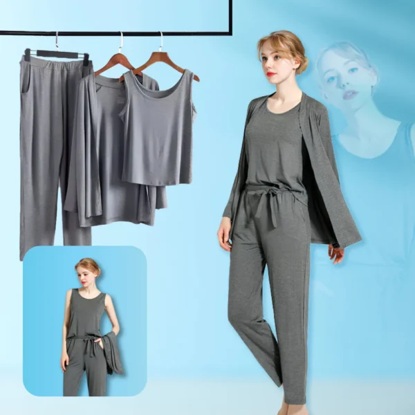 Grey Long Sleeve Women Night Suit PJ Set 3 Pieces