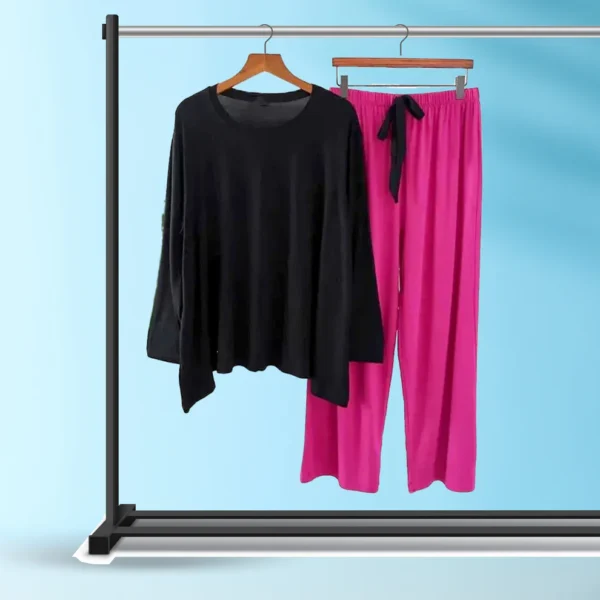 Black and Magenta 2Pcs Stitched Loungewear