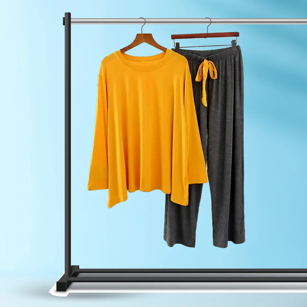 Yellow Grey 2pcs Stitched Loungewear