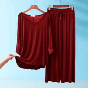 Red V-Neck Women Night Suit PJ Set