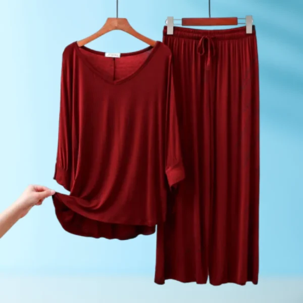 Red V-Neck Women Night Suit PJ Set