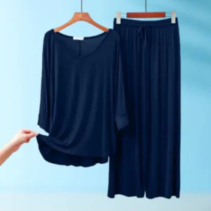 Blue V-Neck Women Night Suit PJ Set