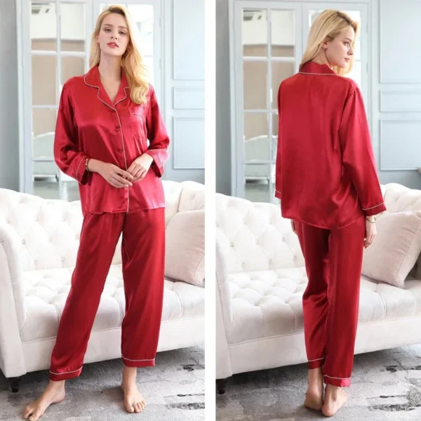 Red Silk Night Suit Turn Down Collar Long Sleeves