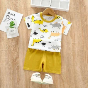 Yellow & White -Dino Print Kids short wear