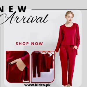 Red Long Sleeve Women Night Suit PJ Set 3 Pieces