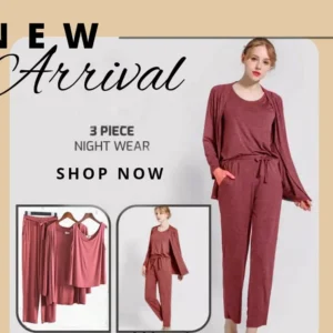 Hot pink Long Sleeve Women Night Suit PJ Set 3 Pieces