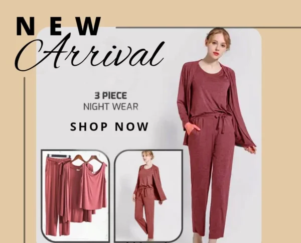 Hot pink Long Sleeve Women Night Suit PJ Set 3 Pieces