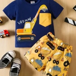 Navy blue excavator print & yellow Short Set