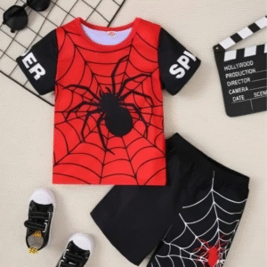 Red & Black Spider Man Print Short Set
