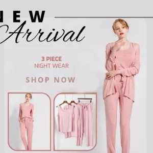 Baby Pink Long Sleeve Women Night Suit PJ Set 3 Pieces