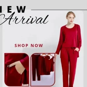 Red Long Sleeve Women Night Suit PJ Set 3 Pieces
