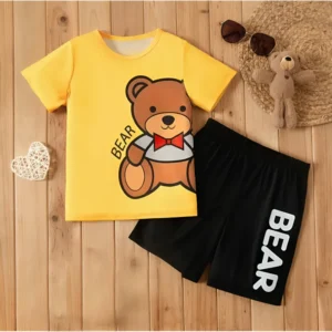 SZ 01- Kids Half Sleeves Short Yellow Black Bear Print