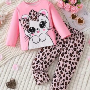 White cat Printed pink kid full sleeve set