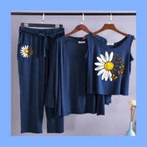 Printed-Flower Long Sleeve Women Night Suit PJ Set 3 Pieces