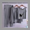 Black Butterfly-Printed Long Sleeve Women Night Suit PJ Set 3 Pieces - Image 3
