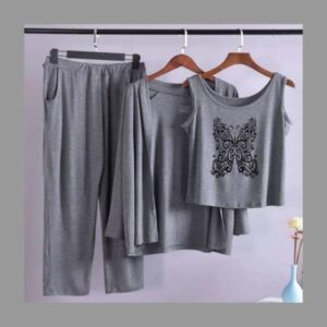 Butterfly-Printed Long Sleeve Women Night Suit PJ Set 3 Pieces