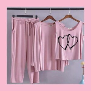 Long Sleeve Women Night Suit PJ Set 3 Pieces