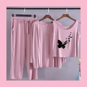 Black Butterfly-Printed Long Sleeve Women Night Suit PJ Set 3 Pieces