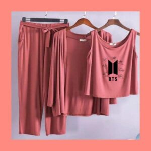 BTS-Printed Long Sleeve Women Night Suit PJ Set 3 Pieces