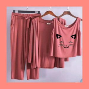 Long Sleeve Women Night Suit PJ Set 3 Pieces