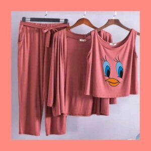 Cartoon-Printed Long Sleeve Women Night Suit PJ Set 3 Pieces