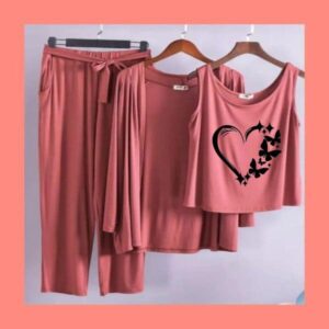 Long Sleeve Women Night Suit PJ Set 3 Pieces