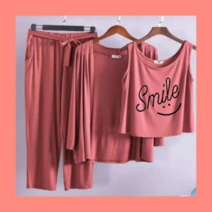 smile logo-Printed Long Sleeve Women Night Suit PJ Set 3 Pieces