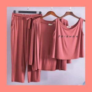 Long Sleeve Women Night Suit PJ Set 3 Pieces
