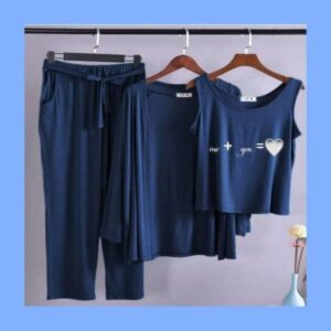 Long Sleeve Women Night Suit PJ Set 3 Pieces