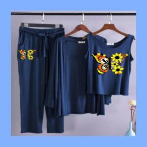 Long Sleeve Women Night Suit PJ Set 3 Pieces