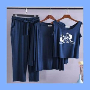 Cartoon-Printed Long Sleeve Women Night Suit PJ Set 3 Pieces