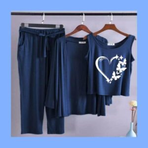 Long Sleeve Women Night Suit PJ Set 3 Pieces
